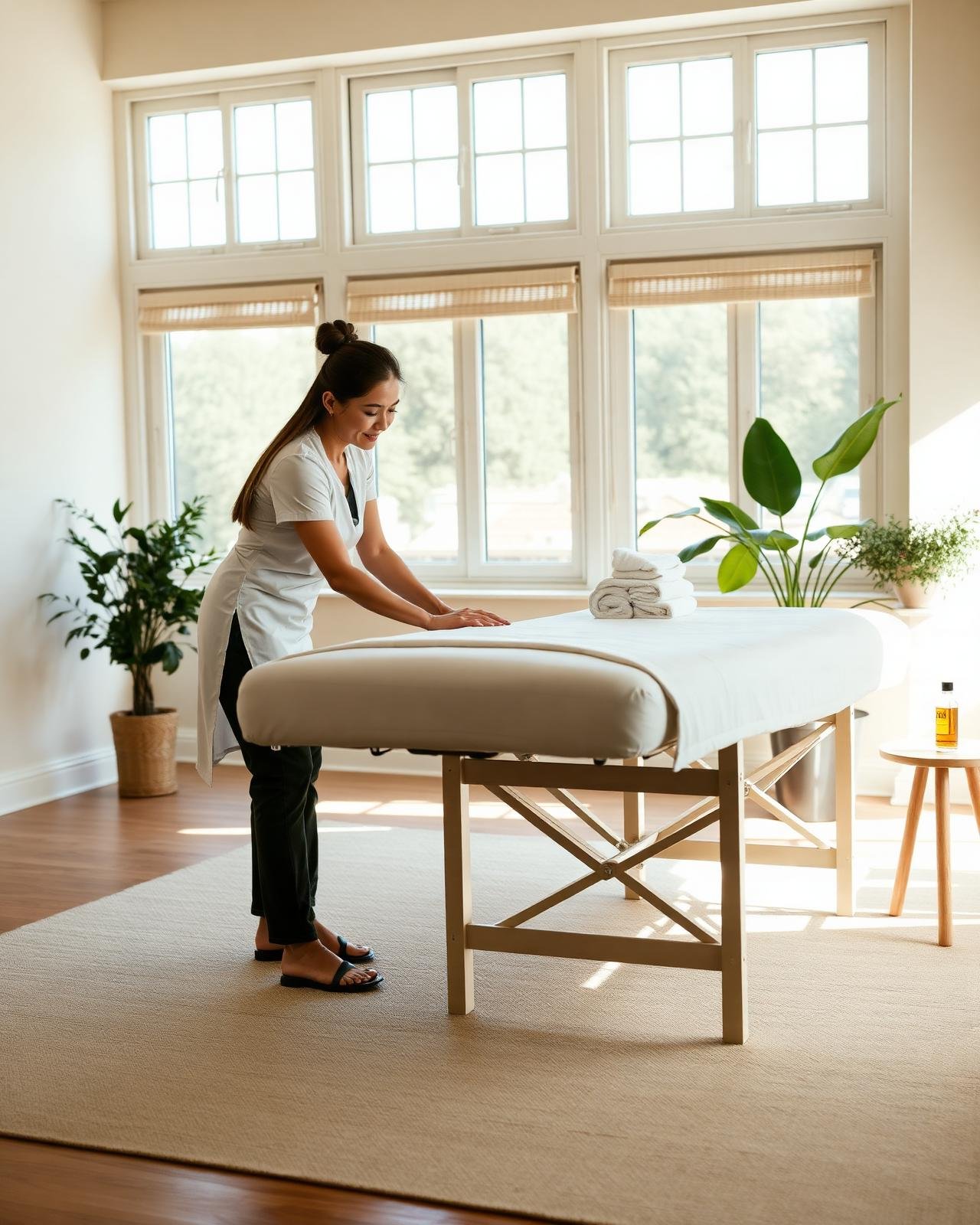 Marina preparing a professional mobile massage table in a bright, calm home setting